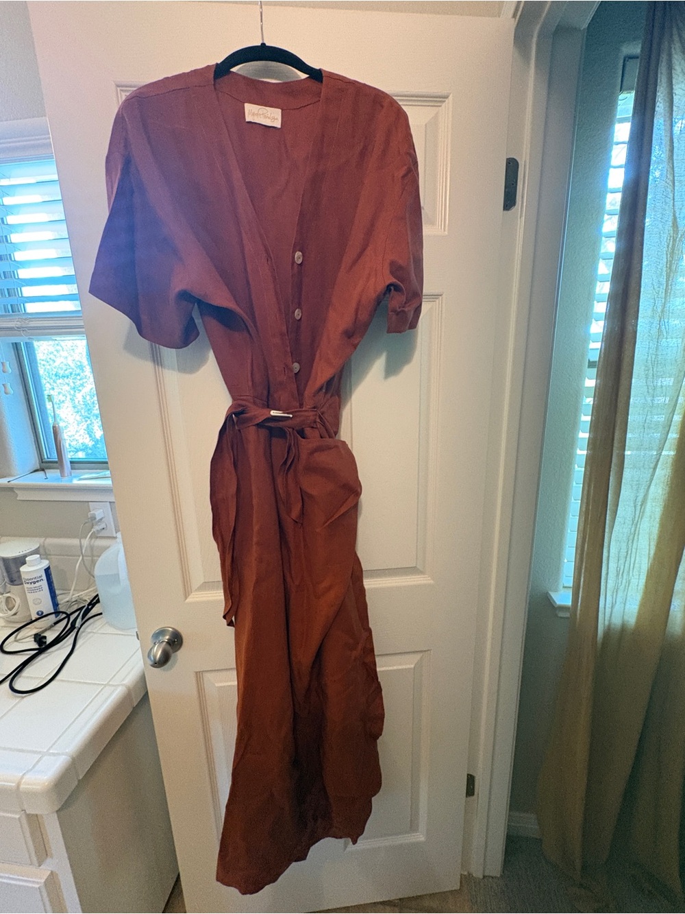 Women's Rust Button-Front Jumpsuit with Tie Waist- pants/skirt
